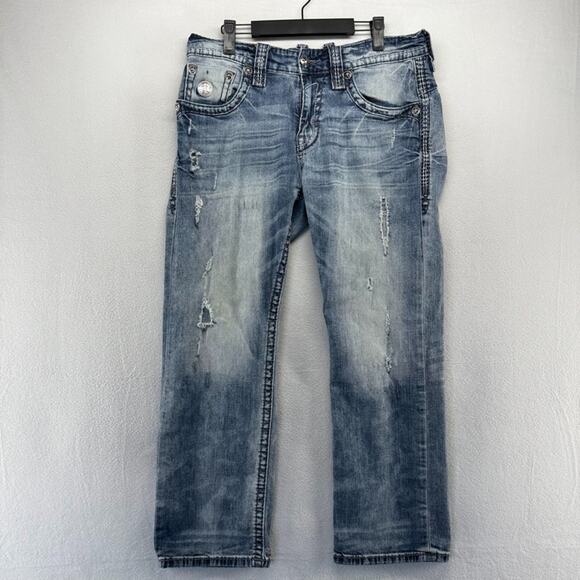Rock Revival Jeans men's 34 Blue Zed Straight Whisker Distressed Faded Whisker